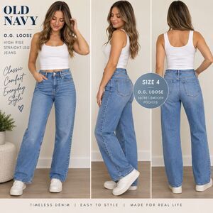 Old Navy O.G. Loose Jeans Womens 4 Blue High Rise Straight Leg Secret Smooth